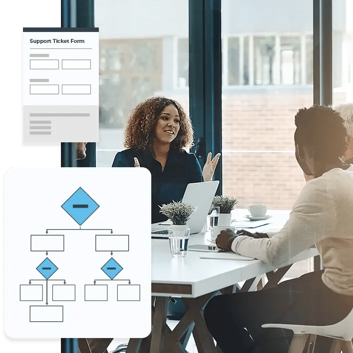 Consultants discussing a credentialing or certification workflow, with graphic