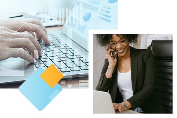 A collage of a worker using a computer with date on the screen