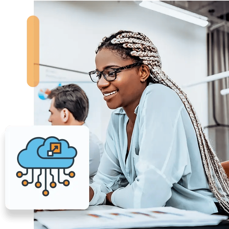 A woman working on a computer with a graphic about software integrations