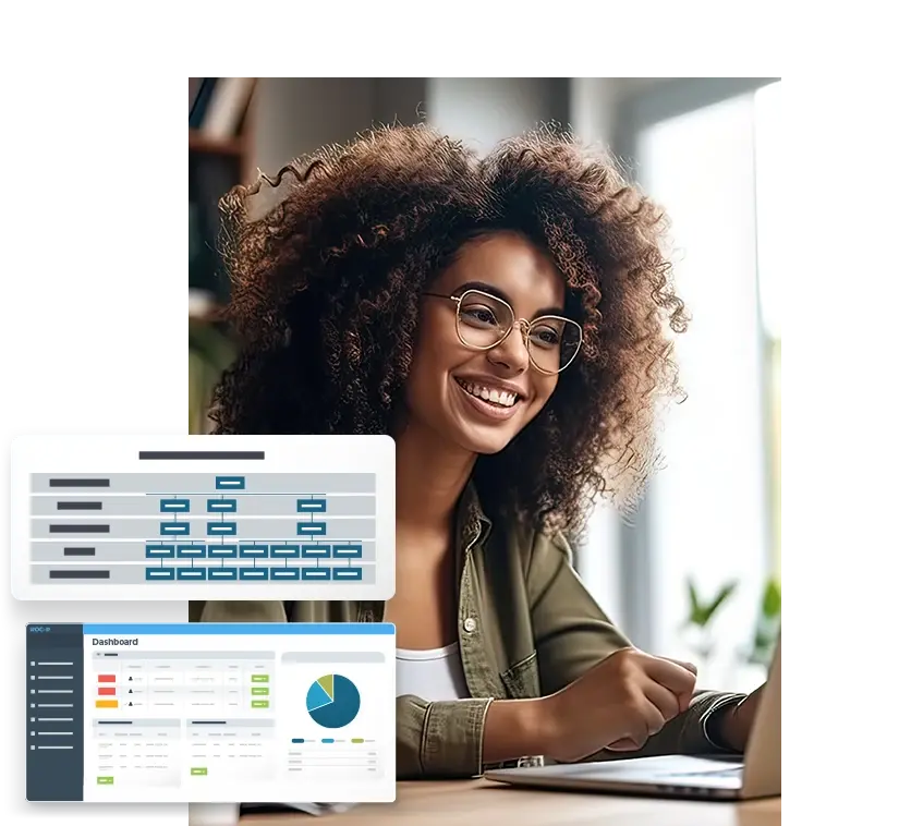 A woman uses a computer with graphic chart overlays on top of the image