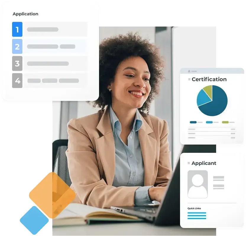A happy woman uses a computer with graphic overlays of charts and graphs.